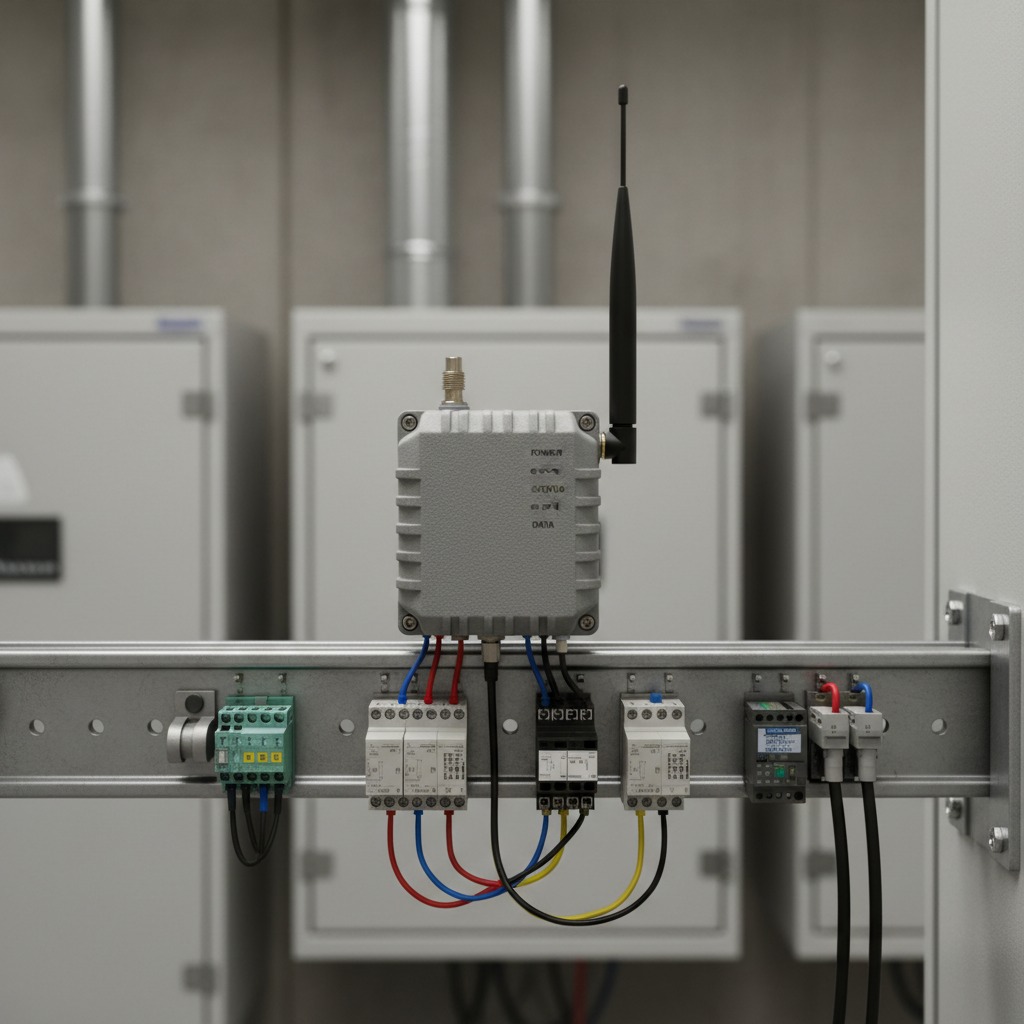 Ein industrielles Funkmodul mit Antenne ist auf einer Hutschiene montiert und mit verschiedenen elektrischen Komponenten verdrahtet.